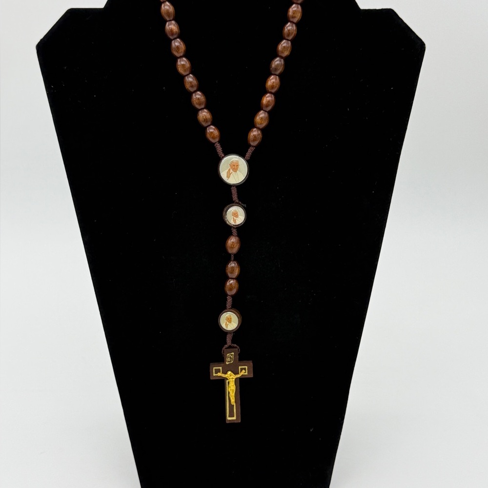 Pope Francis Catholic Rosary Prayer Necklace Double Sided Carved Wooden Beads